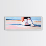 Woman, Pink Dress, Ocean Waves, Framed Canvas Print, Feminine Wall Art, Romantic Beach Scene, Soft Pastel Aesthetic, Dreamy Home Decor