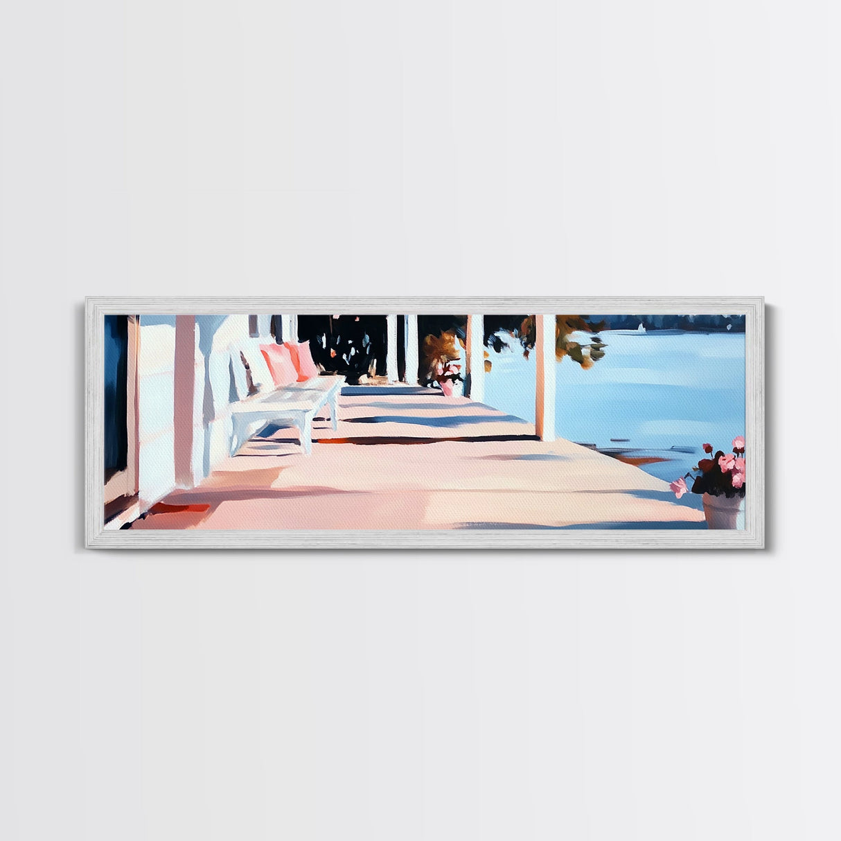 Lakeside Porch, Cozy Home Art, Summer House Aesthetic, Rustic Elegance, Pink and Blue Decor, Warm Vibes, Canvas Print, Relaxing View