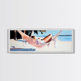 Hammock Rest, Relaxation, Coastal, Framed Canvas Print, Beach House Decor, Summer Vibes, Minimalist Art, Bedroom Wall Art, Boho Aesthetic