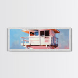 Lifeguard Tower, Ocean, Coastal, Framed Canvas Print, Beach House Decor, Nautical Wall Art, Minimalist Aesthetic, Blue and White Tones