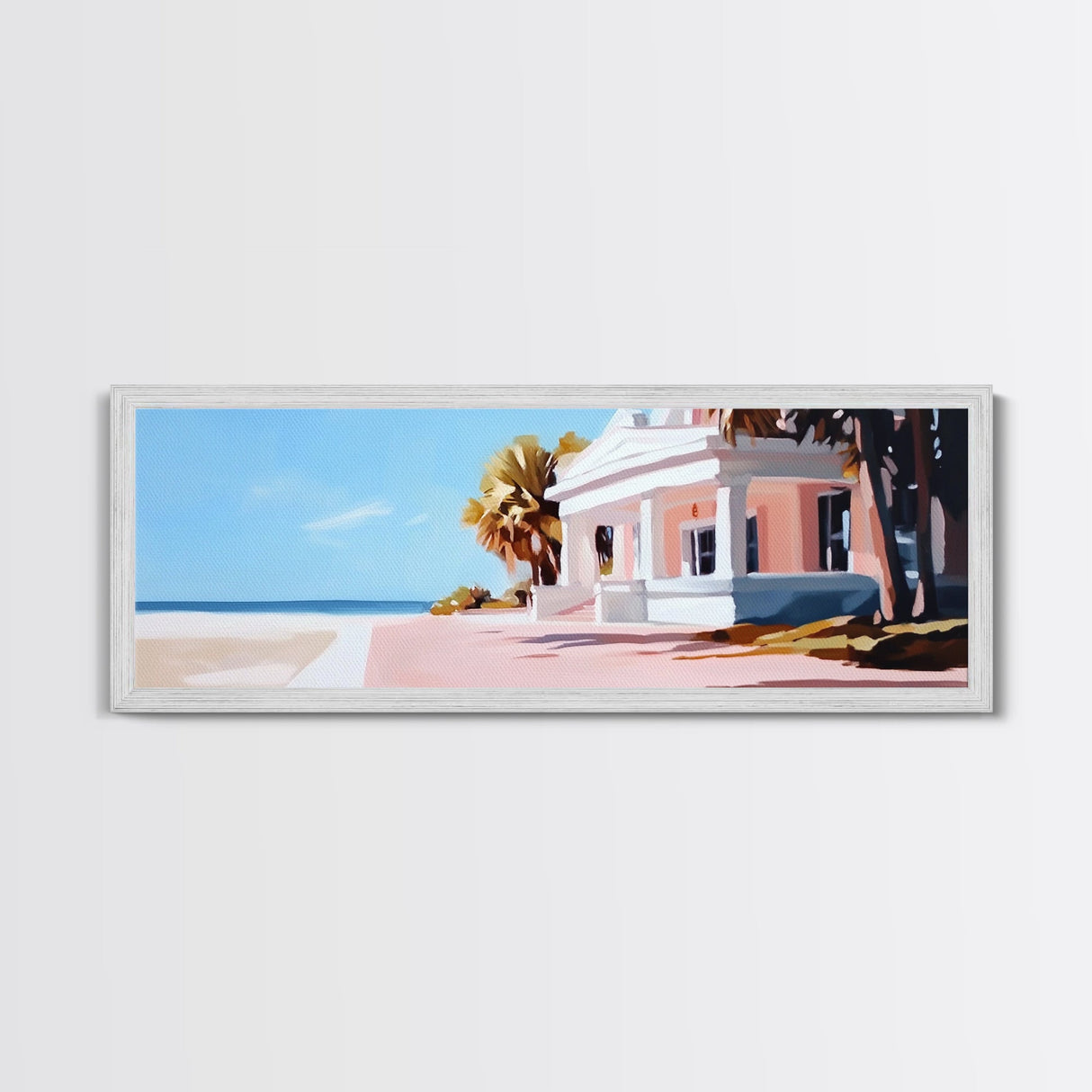 Beach House, Coastal Art, Modern Seascape, Framed Canvas Print, Living Room Wall Art, Pastel Ocean, Minimalist Decor, Nautical Home