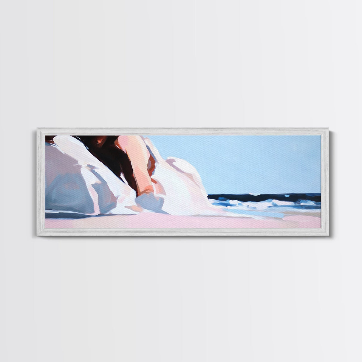Seaside Woman, Beach Elegance, Minimalist Fashion, Framed Canvas Print, Coastal Wall Art, Soft Pastel Decor, Summer Aesthetic