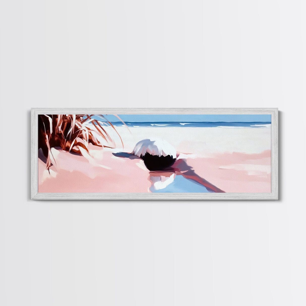 Romantic Beach Scene, Coastal Wall Art, Sunset Ocean Painting, Pastel Beach Framed Canvas Print, Living Room or Office Art