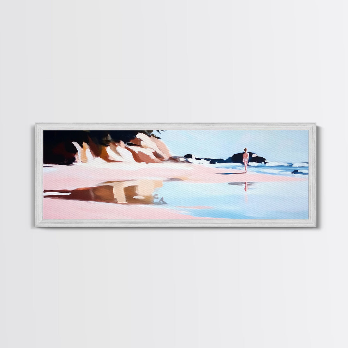 Serene Beach Walk, Peaceful Ocean Art, Coastal Wall Decor, Minimalist Framed Canvas Print, Pastel Seascape, Relaxing Bedroom Artwork