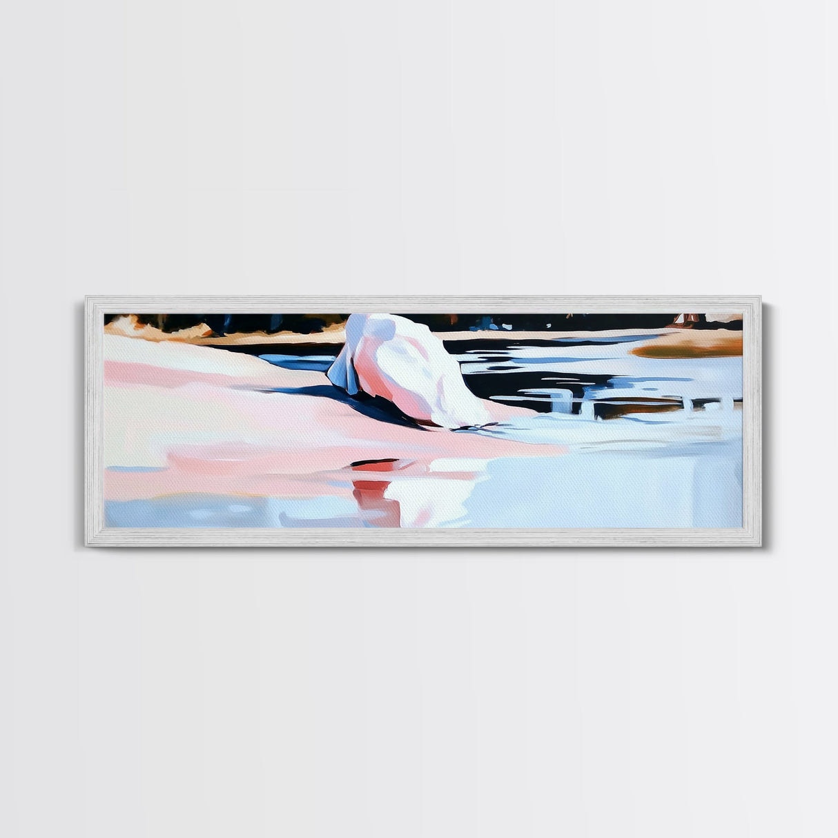 Pink Water Landscape, Tranquil Beach Art, Ocean Reflection, Modern Boho Decor, Bedroom Wall Art, Coastal Print, Framed Canvas Print