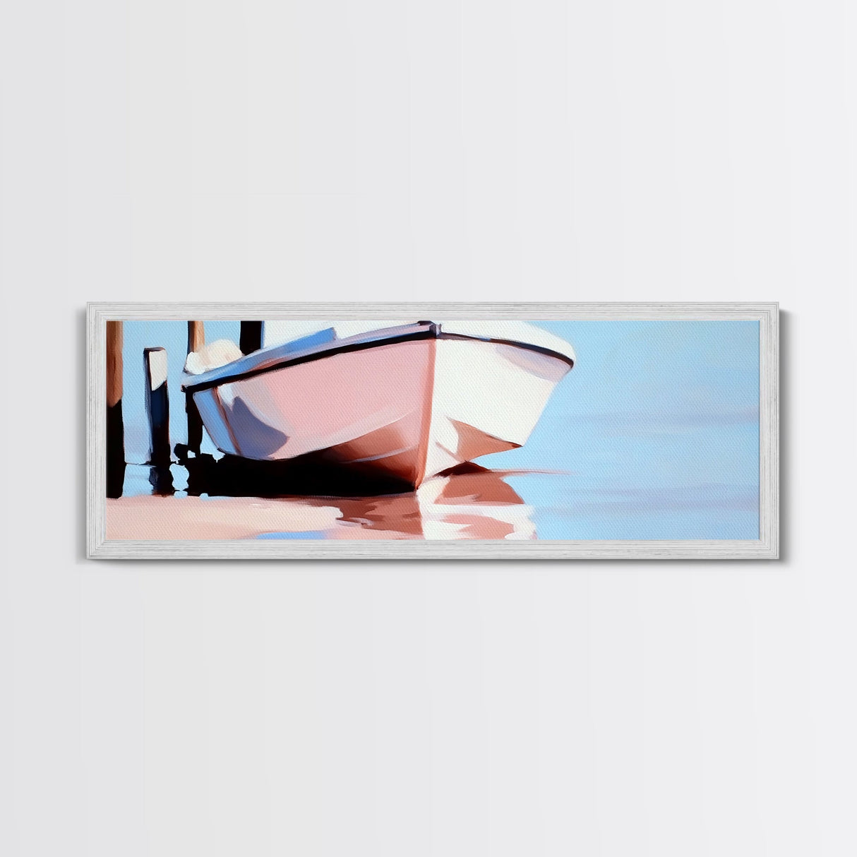 Docked Boat, Nautical Charm, Maritime Art, Framed Canvas Print, Coastal Living Room Decor, Beach House Wall Art, Ocean Painting