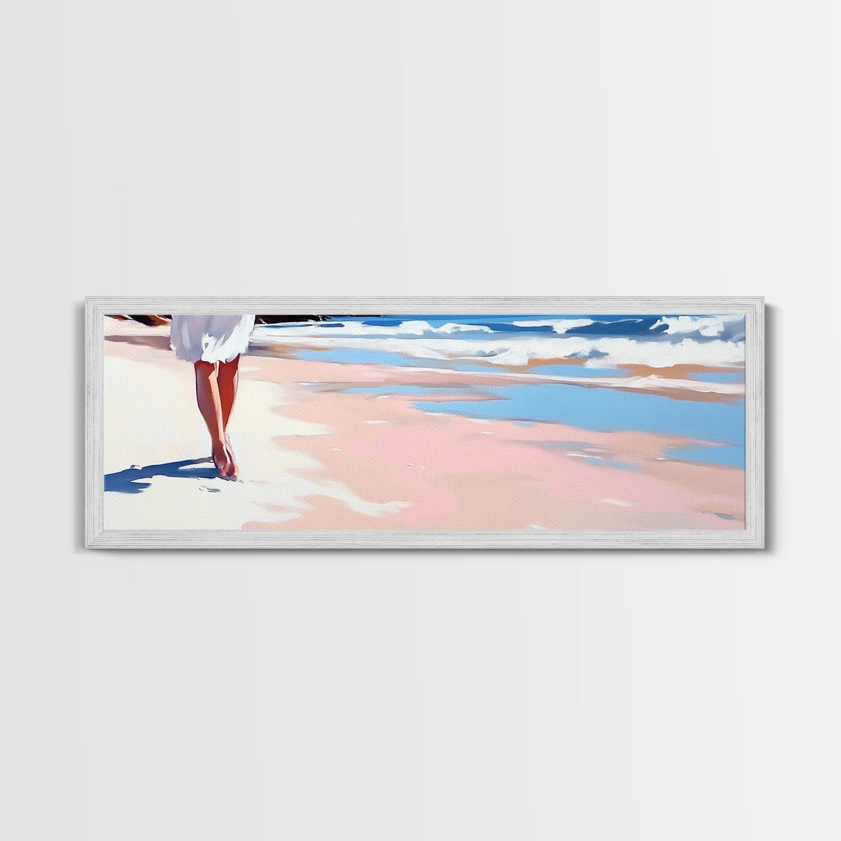 Walking on Beach, Coastal Art, Ocean Painting, Minimalist Seascape, Pastel Sand Decor, Nautical Wall Print, Living Room Art, Canvas Print