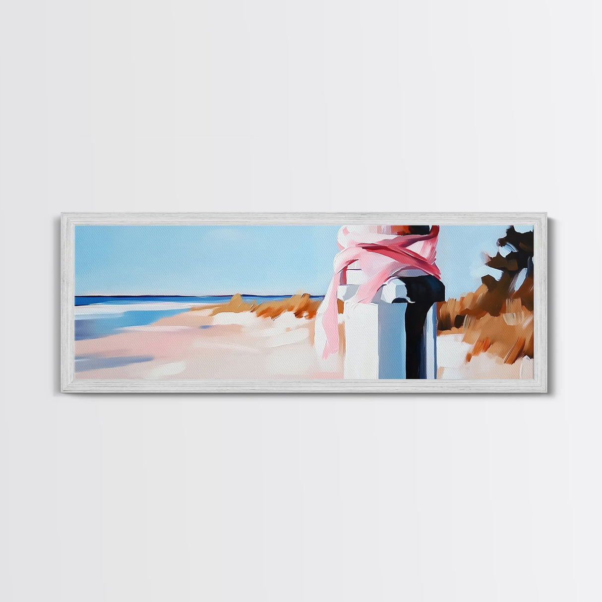 Coastal Fence Art, Beach Landscape Print, Pastel Ocean Painting, Minimalist Seaside Decor, Large Canvas Print, Modern Home Wall Art