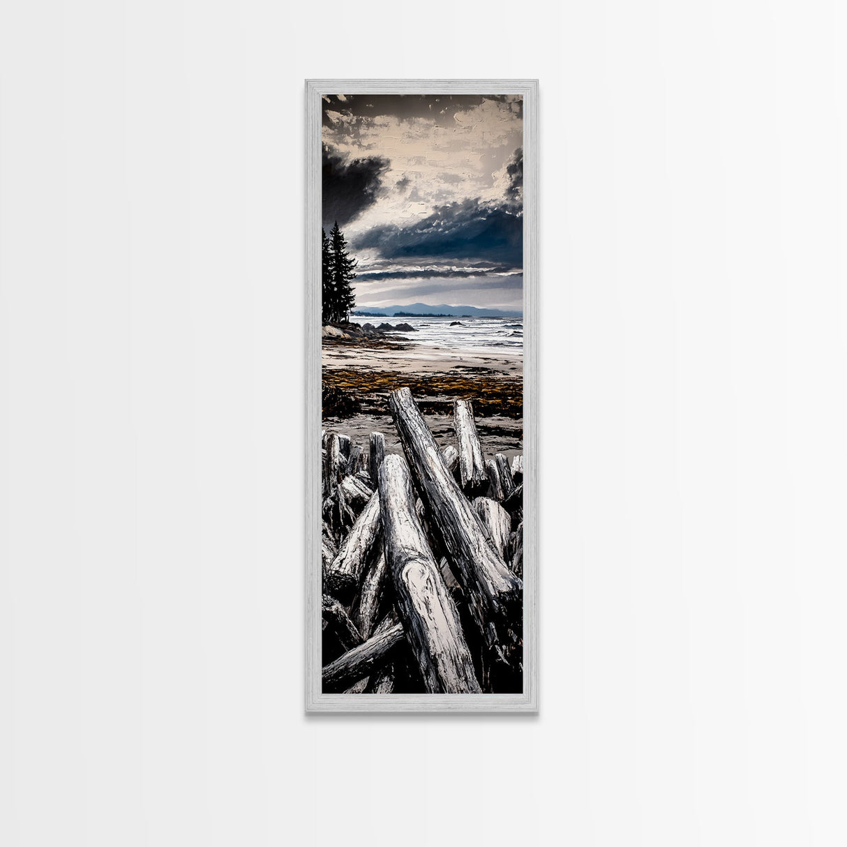 Coastal Beach, Driftwood Shore, Stormy Sky, Framed Canvas Print, Ocean Wall Art, Seaside Decor, Nautical Painting, Living Room Wall Art