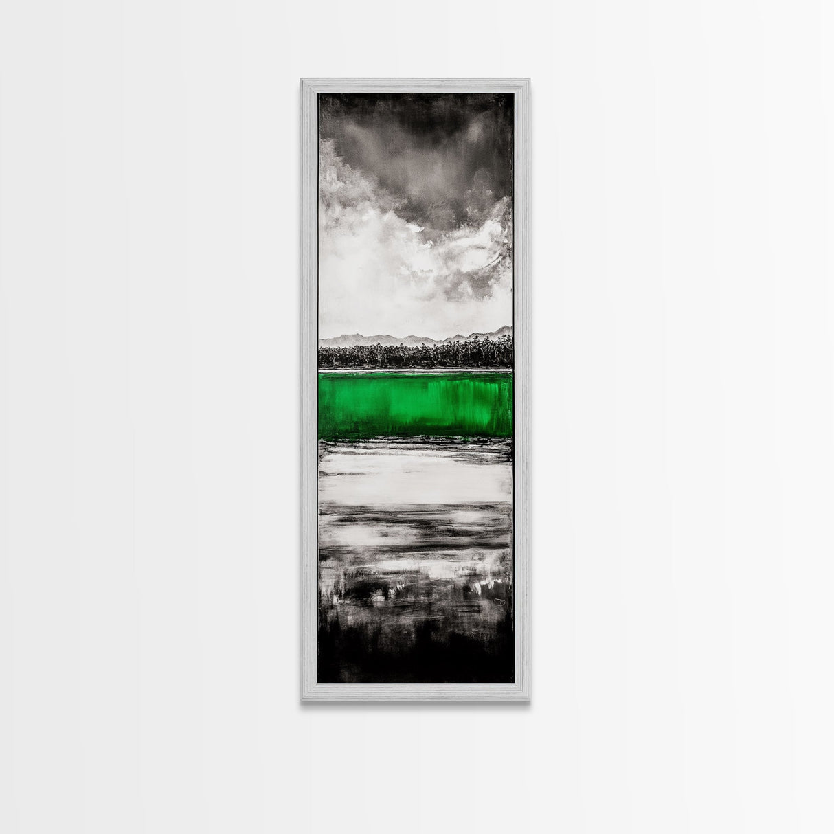 Green Lake, Moody Sky, Reflection, Framed Canvas Print, Minimalist Landscape, Monochrome Art, Office Decor, Nature Inspired Wall Art