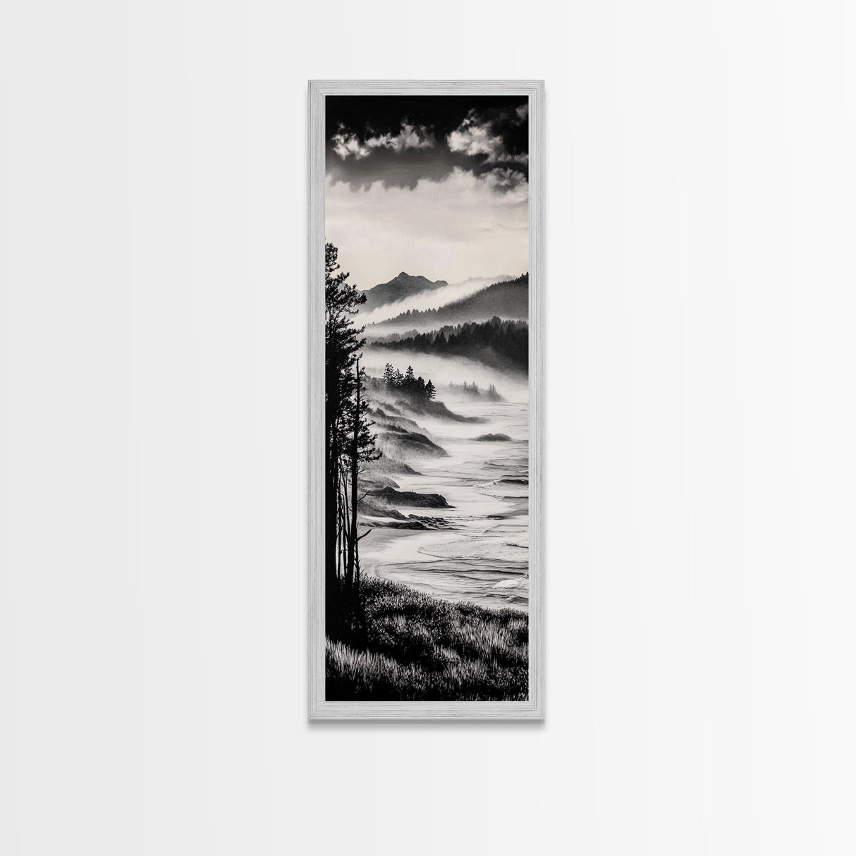 Misty Mountain Coast, Black and White Landscape Art, Modern Wall Decor, Framed Canvas Print, Minimalist Nature Art, Bedroom Wall Art