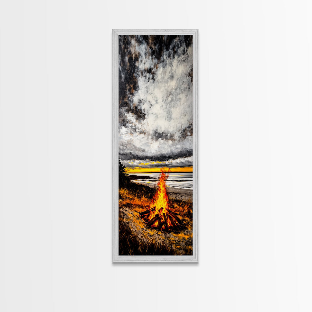 Beach Bonfire, Cozy Fire, Seaside Sunset, Framed Canvas Print, Coastal Home Decor, Relaxing Landscape, Rustic Living Room Wall Art