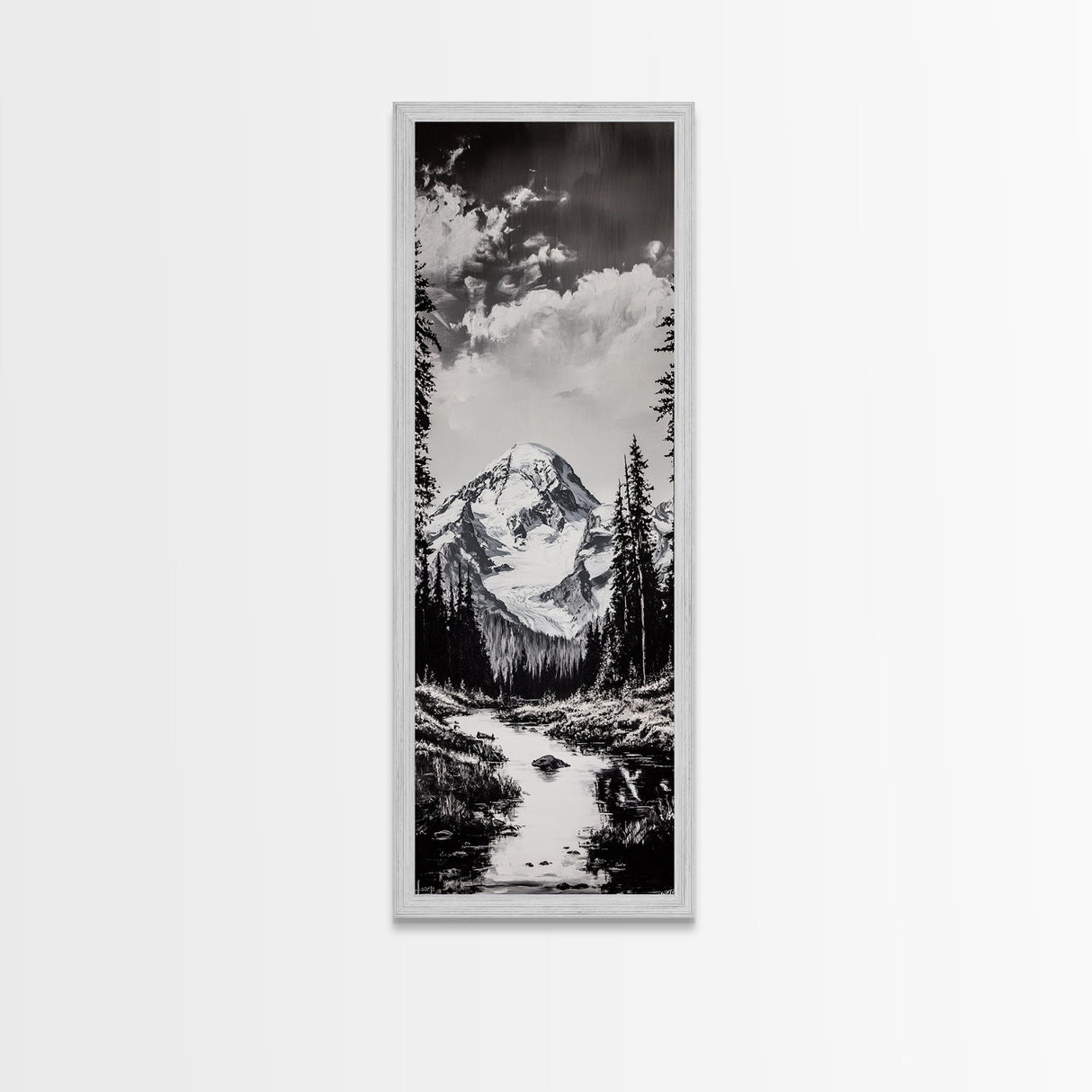 Snowy Peak, Mountain Reflection, Black White Nature, Adventure Landscape, Cabin Decor, Hiking Art, Framed Canvas Print
