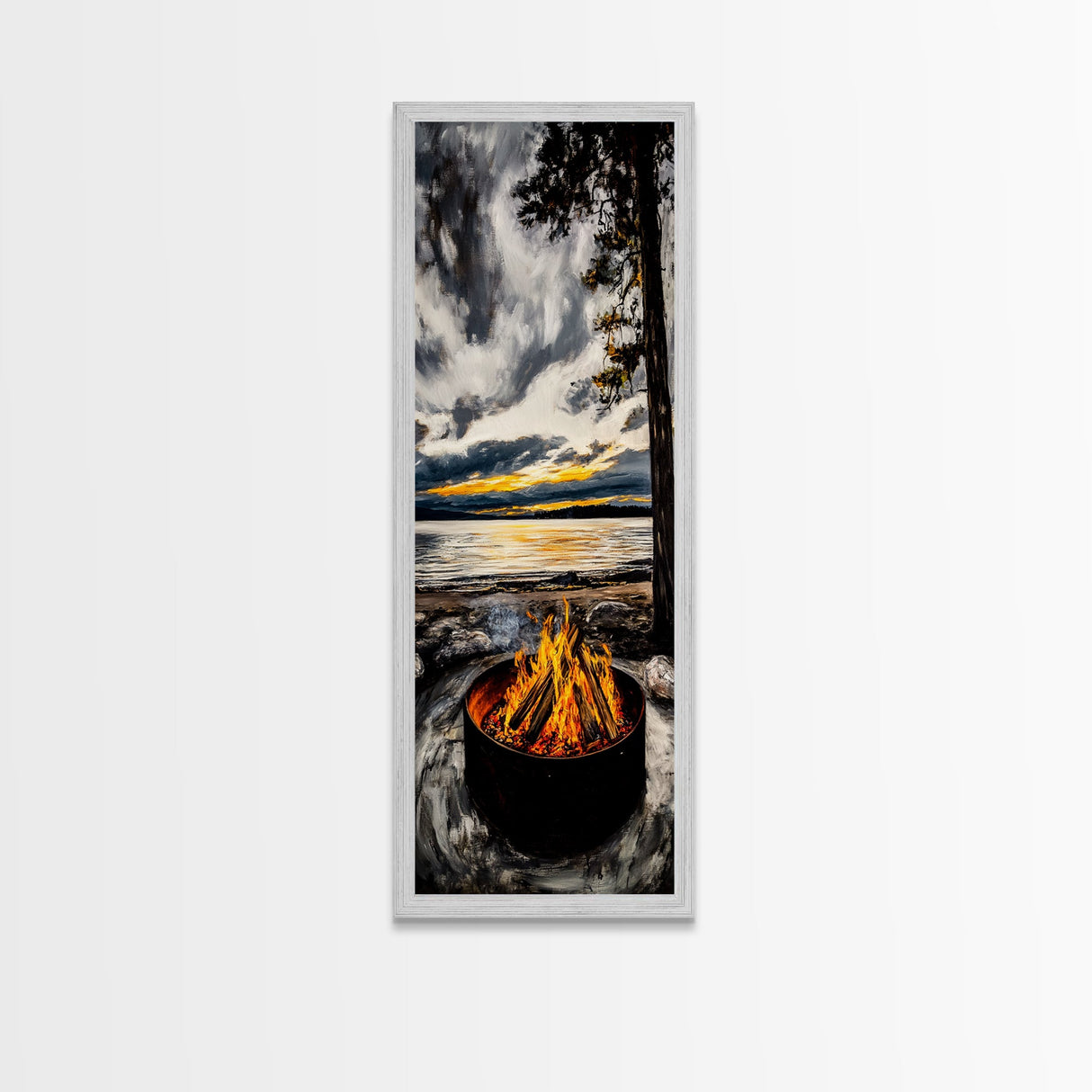 Sunset Fire Pit, Cozy Camping Decor, Lakeside Bonfire, Outdoor Wall Art, Framed Canvas Print, Rustic Lodge Art, Warm Tones, Cabin Decor