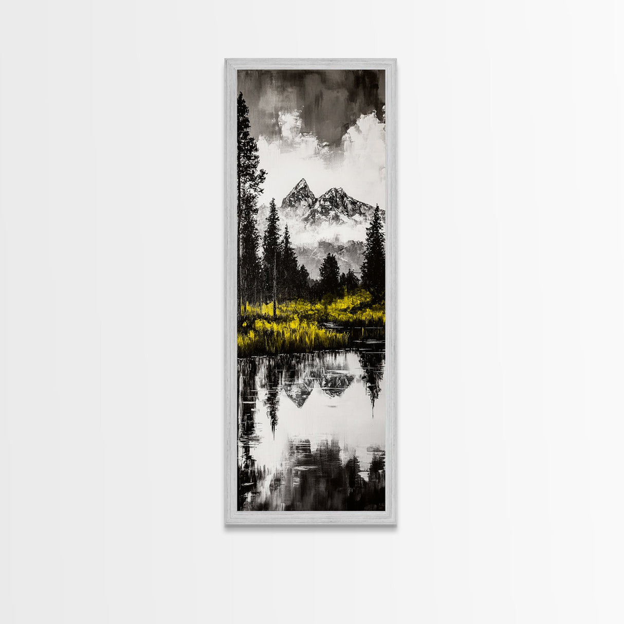 Twin Peaks, Forest Reflection, Framed Canvas Print, Mountain Art, Nature Decor, Rustic Landscape, Black and White Art, Bedroom Art