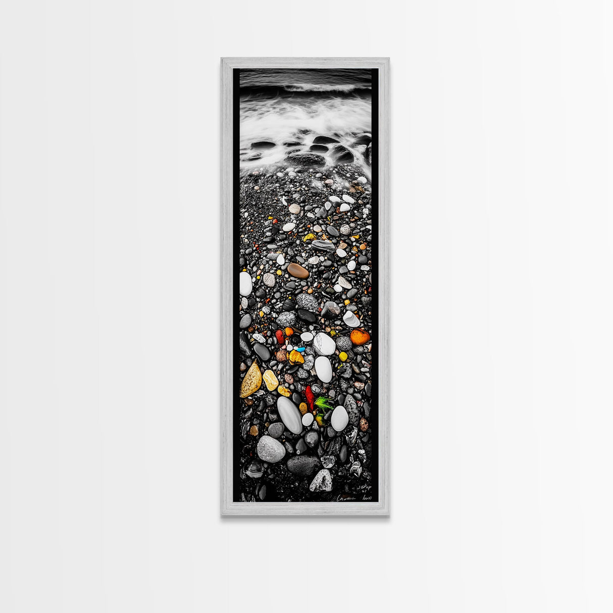 Colorful Pebble Beach, Ocean Rock Photography, Nature Wall Art, Coastal Home Decor, Modern Beach House Print, Framed Canvas Print
