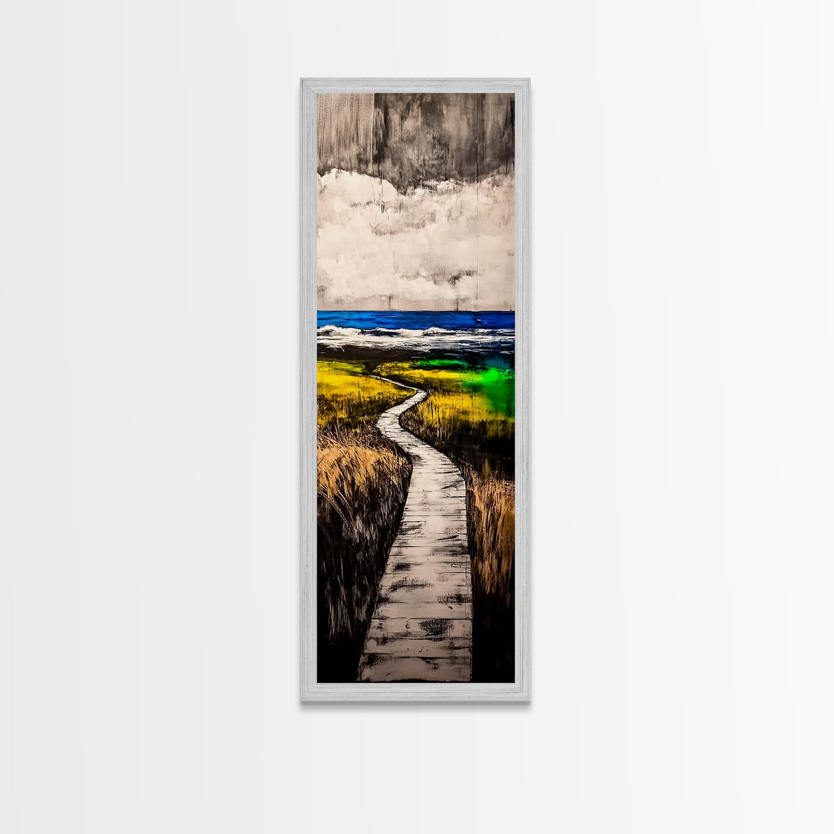 Boardwalk, Beach Path Art, Coastal Living Room Decor, Ocean Horizon Print, Tranquil Landscape, Relaxing Home Aesthetic, Framed Canvas Print