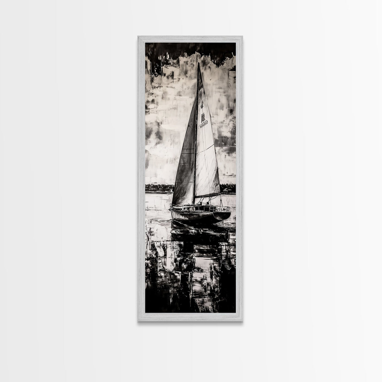 Black and White Sailboat, Nautical Wall Art, Minimalist Seascape Painting, Coastal Home Decor, Office or Bedroom Art, Framed Canvas Print