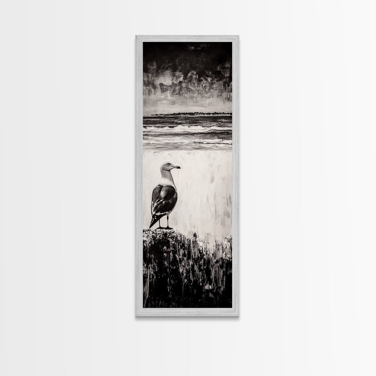 Seagull Portrait, Ocean Waves, Black and White, Framed Canvas Print, Coastal Art, Minimalist Decor, Modern Office Wall Art, Beach House Art