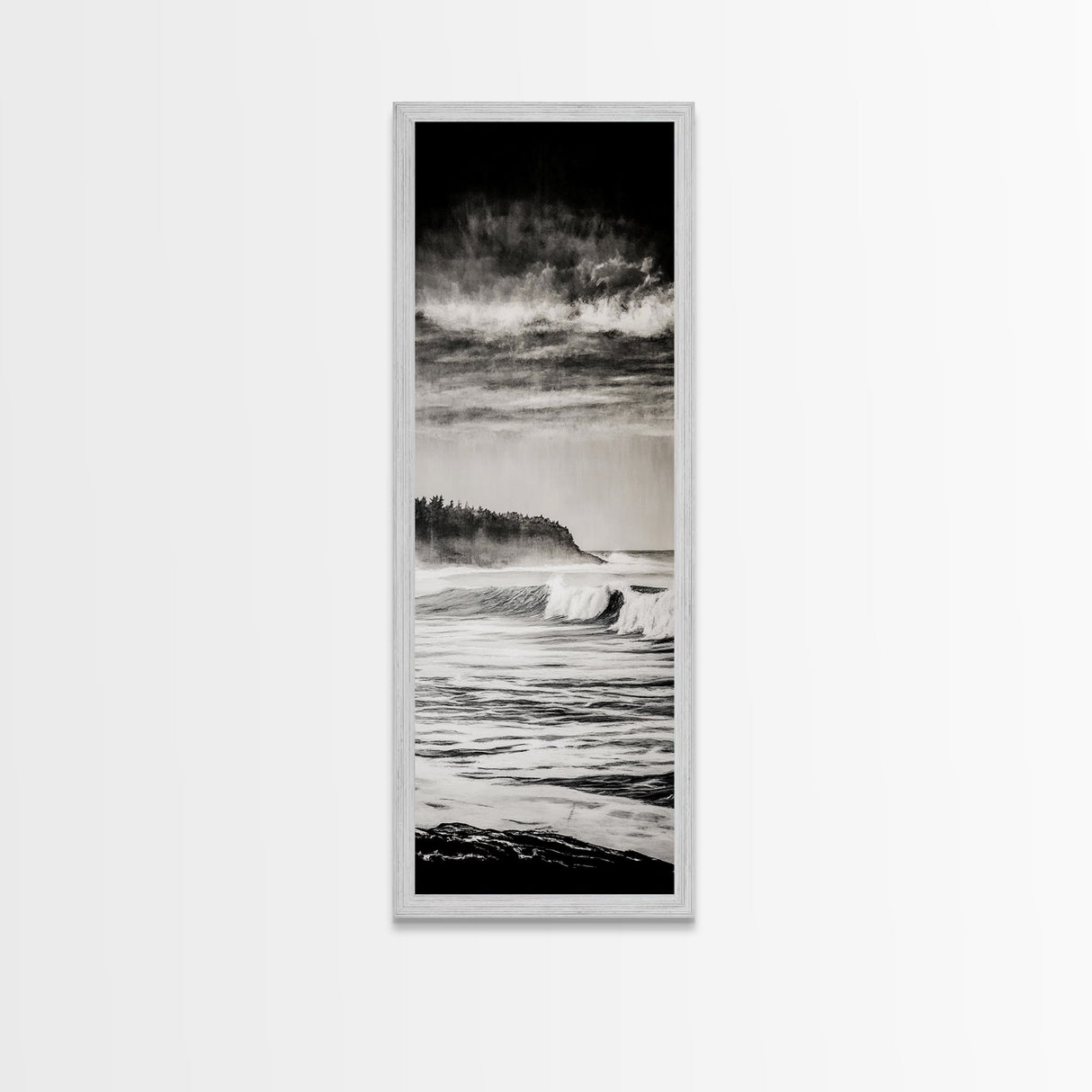 Stormy Waves, Ocean Landscape, Black and White, Framed Canvas Print, Coastal Wall Art, Modern Office Decor, Minimalist Seascape Painting