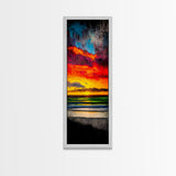 Mountain, Sunset, Water, Framed Canvas Print, Nature Landscape, Moody Wall Art, Dramatic Orange and Black, Rustic Cabin Decor