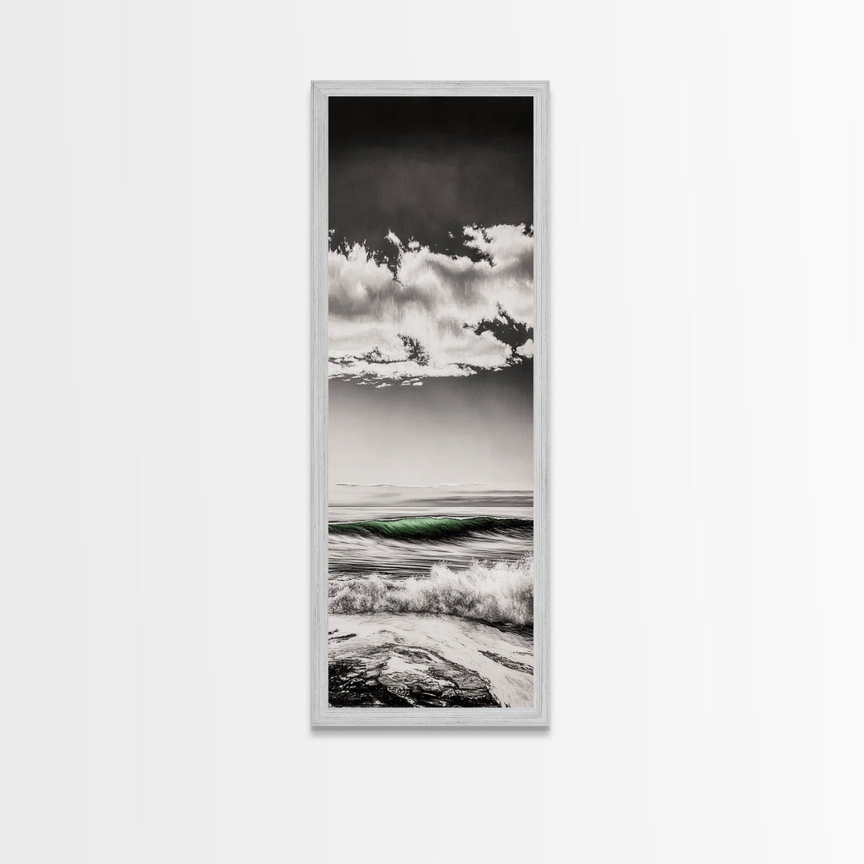 Coastal Waves, Black and White, Green Wave, Framed Canvas Print, Modern Beach Wall Art, Minimalist Ocean Decor, Living Room Art