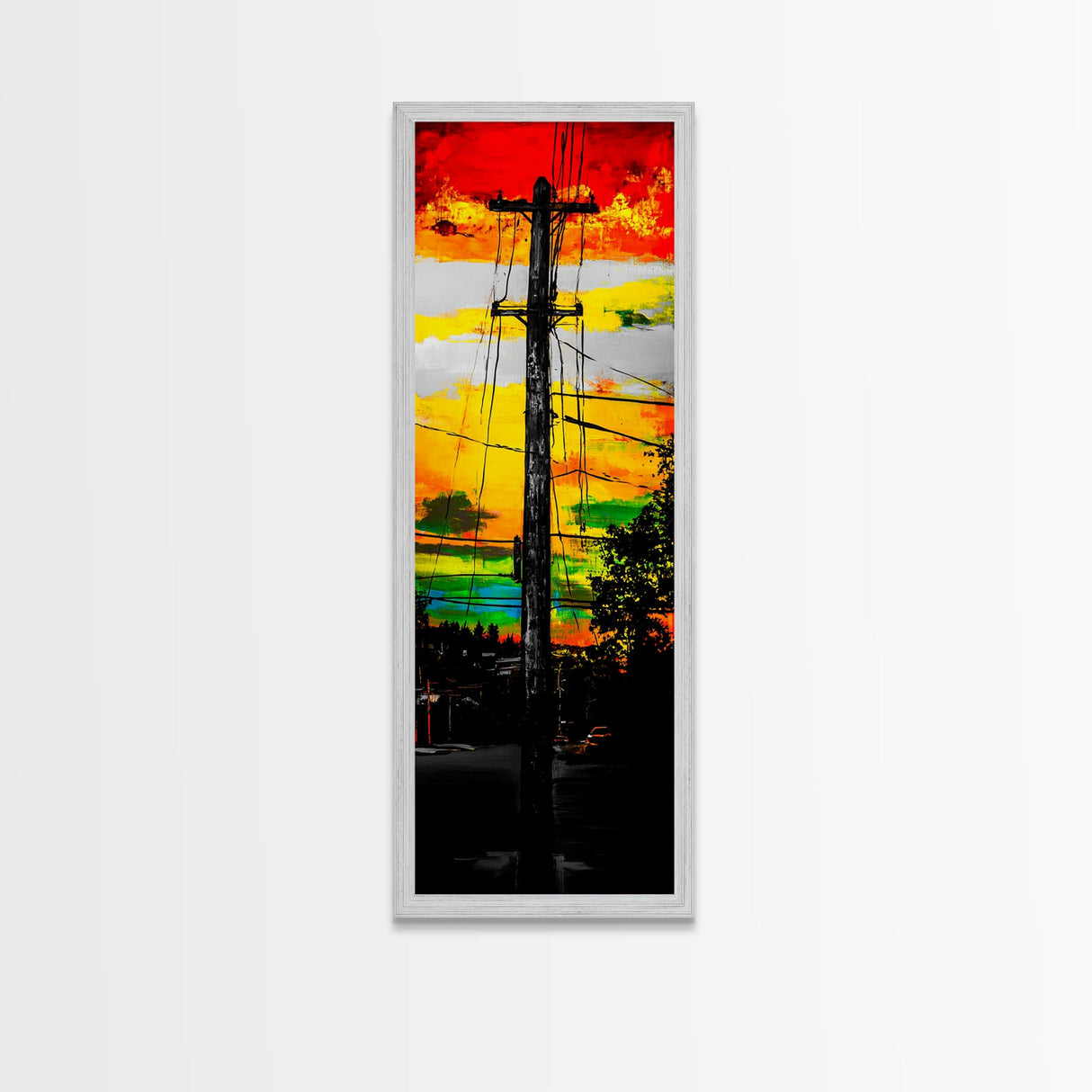 Sunset Utility Pole, Electric Lines, Urban Contrast, Canvas Print, Industrial Wall Art, Bold Colorful Decor, Modern Living Room Art