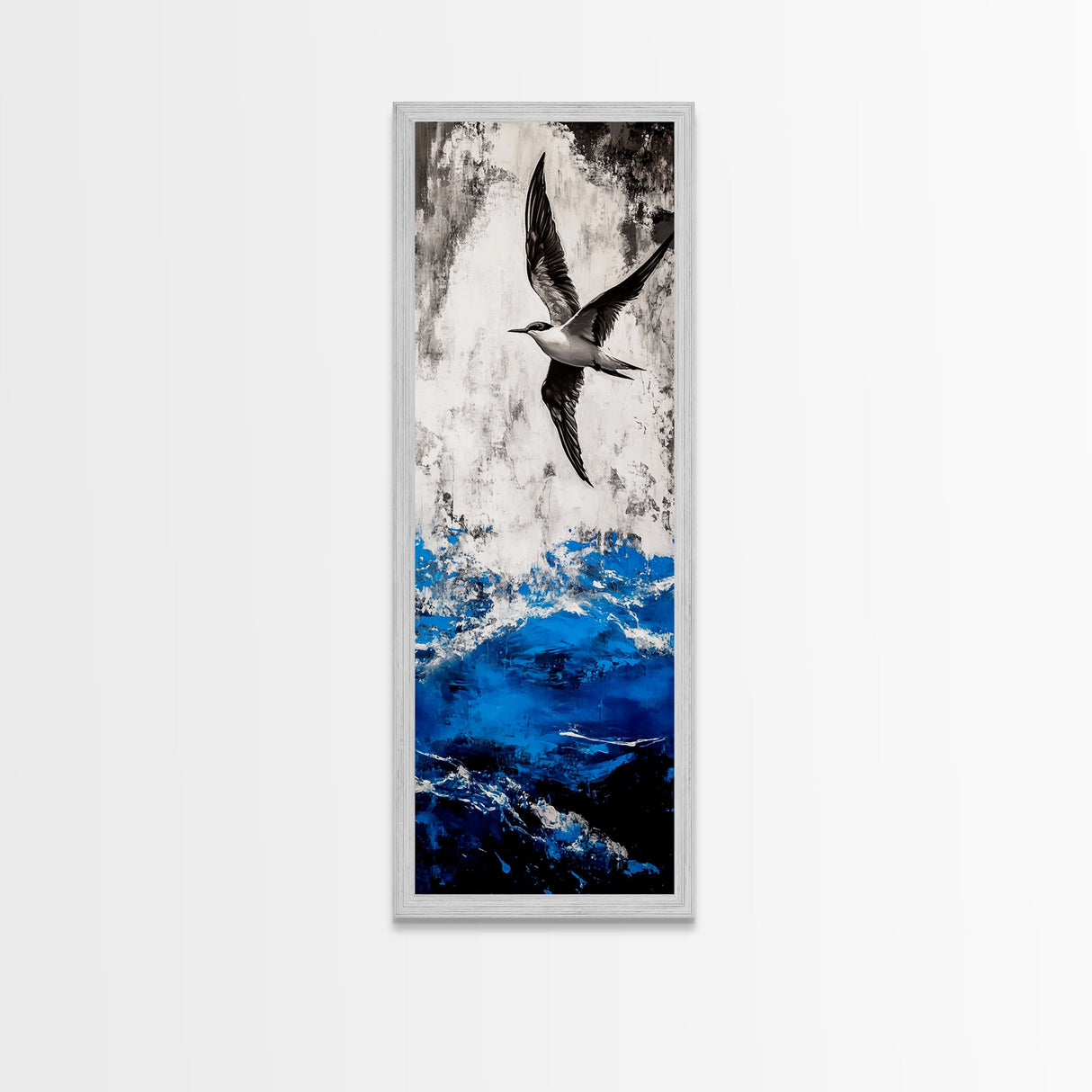 Ocean Bird, Stormy Waves, Blue and White, Framed Canvas Print, Nautical Wall Art, Minimalist Coastal Decor, Bedroom Artwork