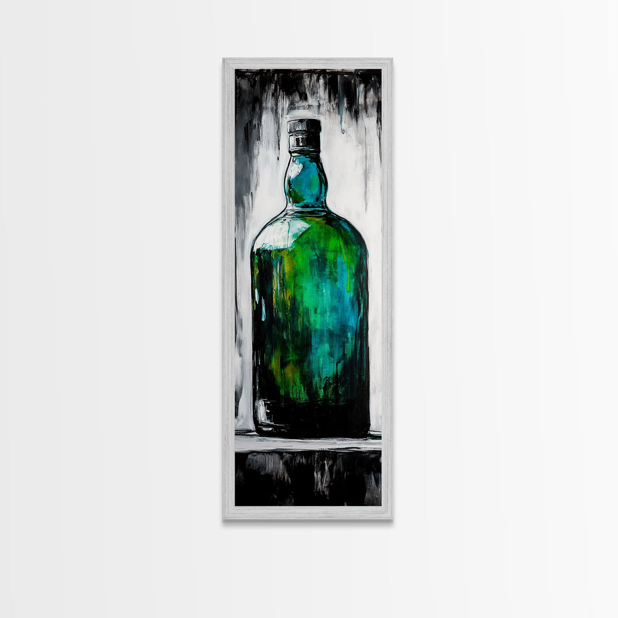 Green Glass Bottle, Modern Still Life, Minimalist Art, Contemporary Home Decor, Framed Canvas Print, Kitchen Wall Art, Vibrant Artwork
