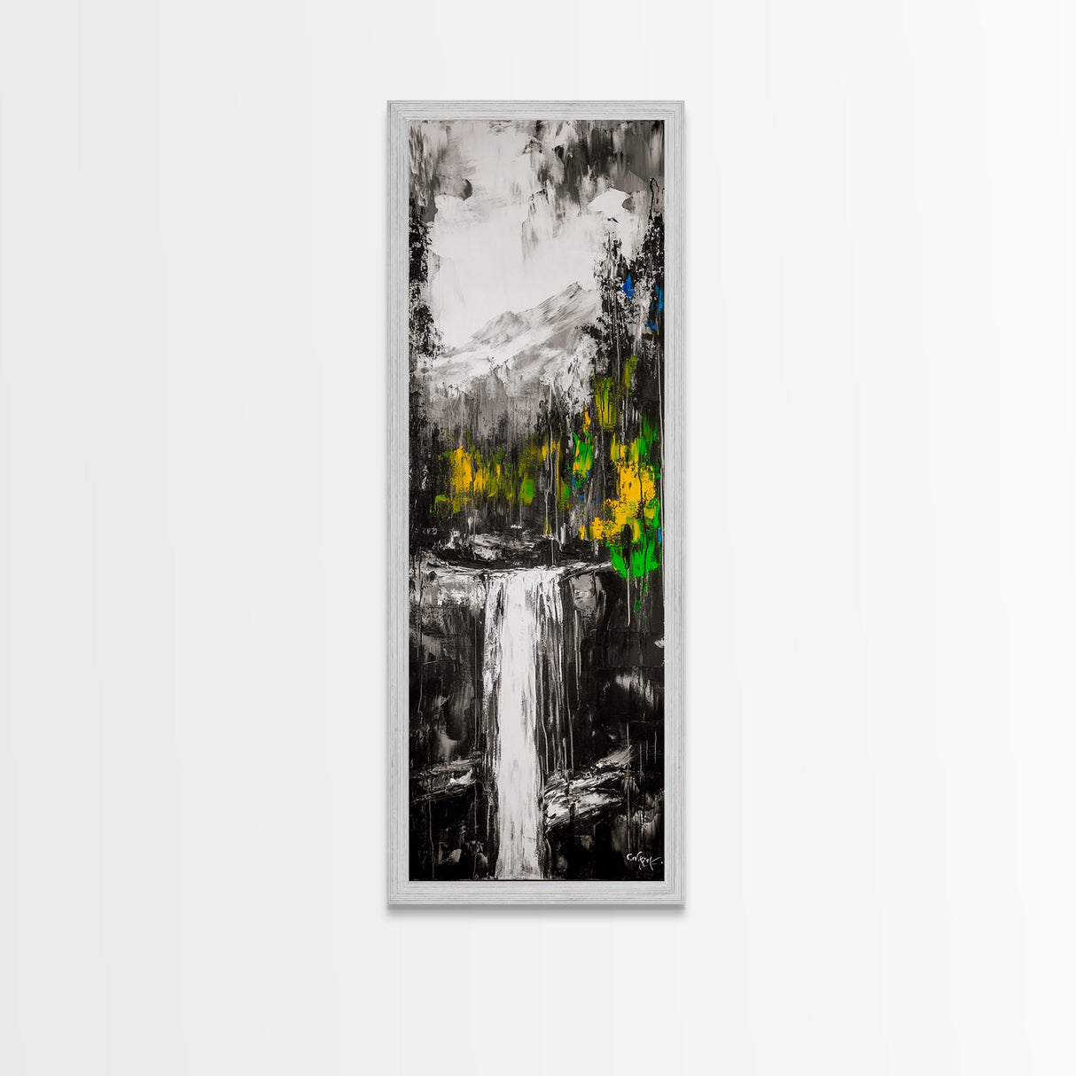 Waterfall Scene, Mountain Landscape, Abstract Nature Art, Canvas Print, Wilderness Wall Art, Green Yellow Decor, Adventure Home Decor