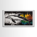 Dolphin Painting, Ocean Wildlife, Vibrant Colors, Coastal Wall Art, Black and White Animal Art, Framed Canvas Print, Beach House Decor