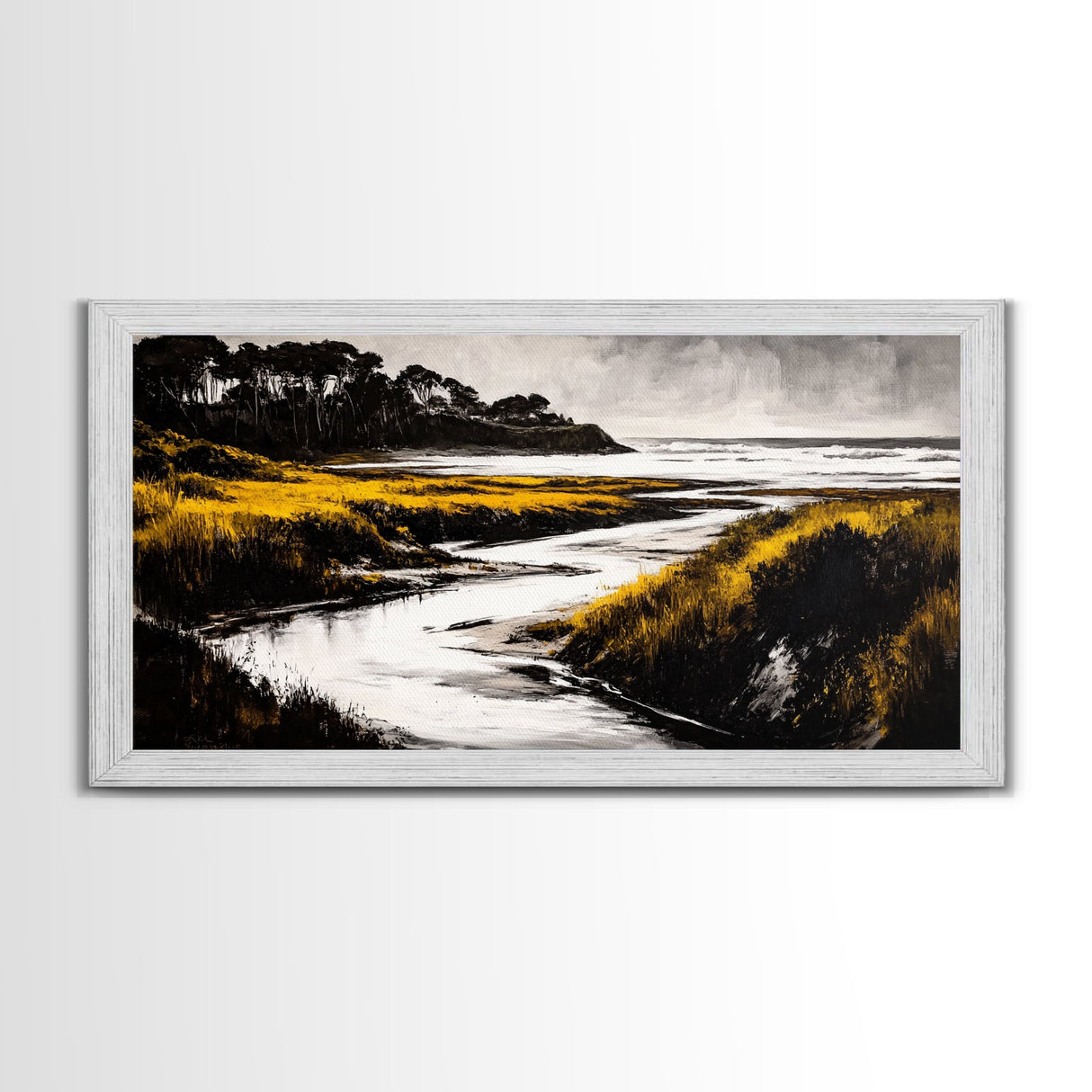Golden Marsh, Ocean Landscape, Black and White Contrast, Nature Inspired, Minimalist Art, Framed Canvas Print, Bedroom Wall Decor