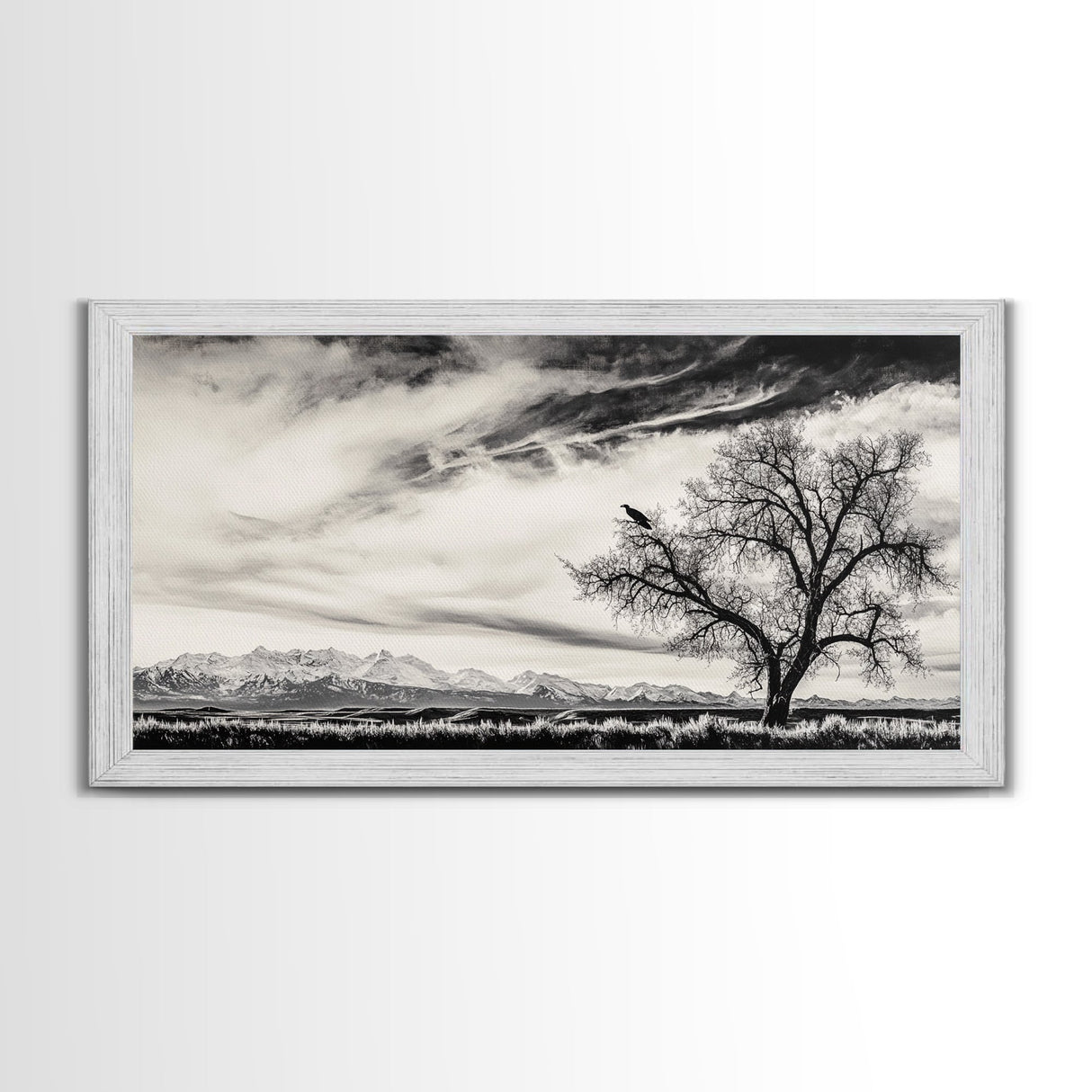 Lone Tree, Monochrome Landscape, Dramatic Sky, Framed Canvas Print, Moody Wall Art, Nature Scene, Modern Rustic Decor, Entryway Wall Art
