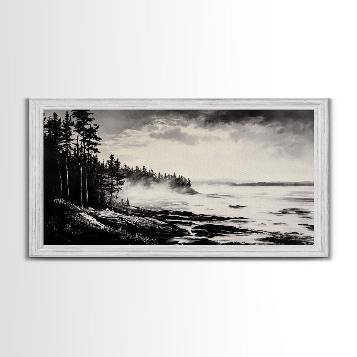 Foggy Coast, Misty Landscape Art, Black and White Wall Art, Canvas Print, Nature Wall Art, Cabin Decor, Moody Art