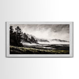 Foggy Hills, Woodland Landscape, Monochrome Art, Canvas Print, Rustic Nature Decor, Peaceful Wall Art, Mountain Art