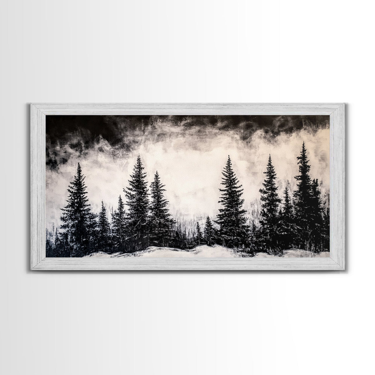 Pine Trees, Fog, Winter, Black and White, Framed Canvas Print, Mountain Art, Rustic Cabin Decor, Christmas Gift, Minimalist Home Wall Art