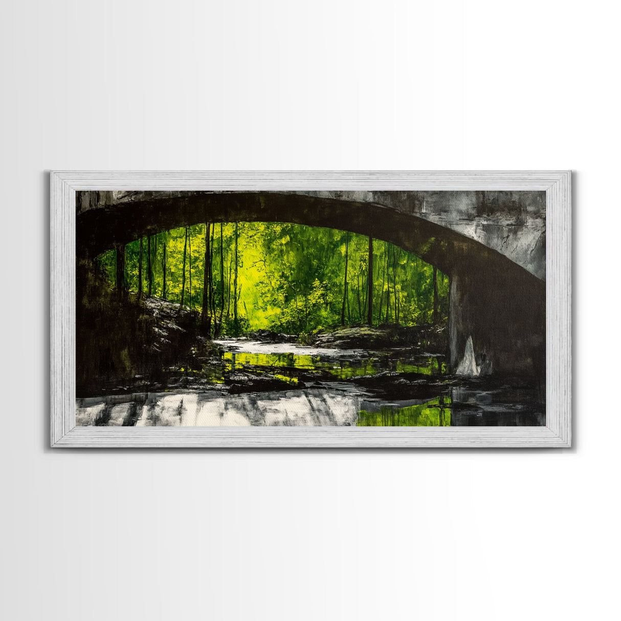 Forest Bridge, Green Nature Art, Canvas Print, Moody Landscape Painting, Rustic Wall Decor, Dark Green Art, Bedroom Wall Art