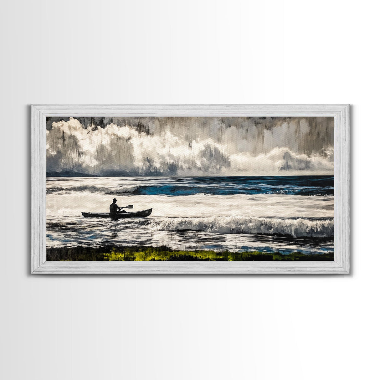 Kayaker on the Waves, Black and White Canvas Print, Ocean Adventure Wall Art, Nautical Decor, Living Room Artwork, Framed Canvas Print