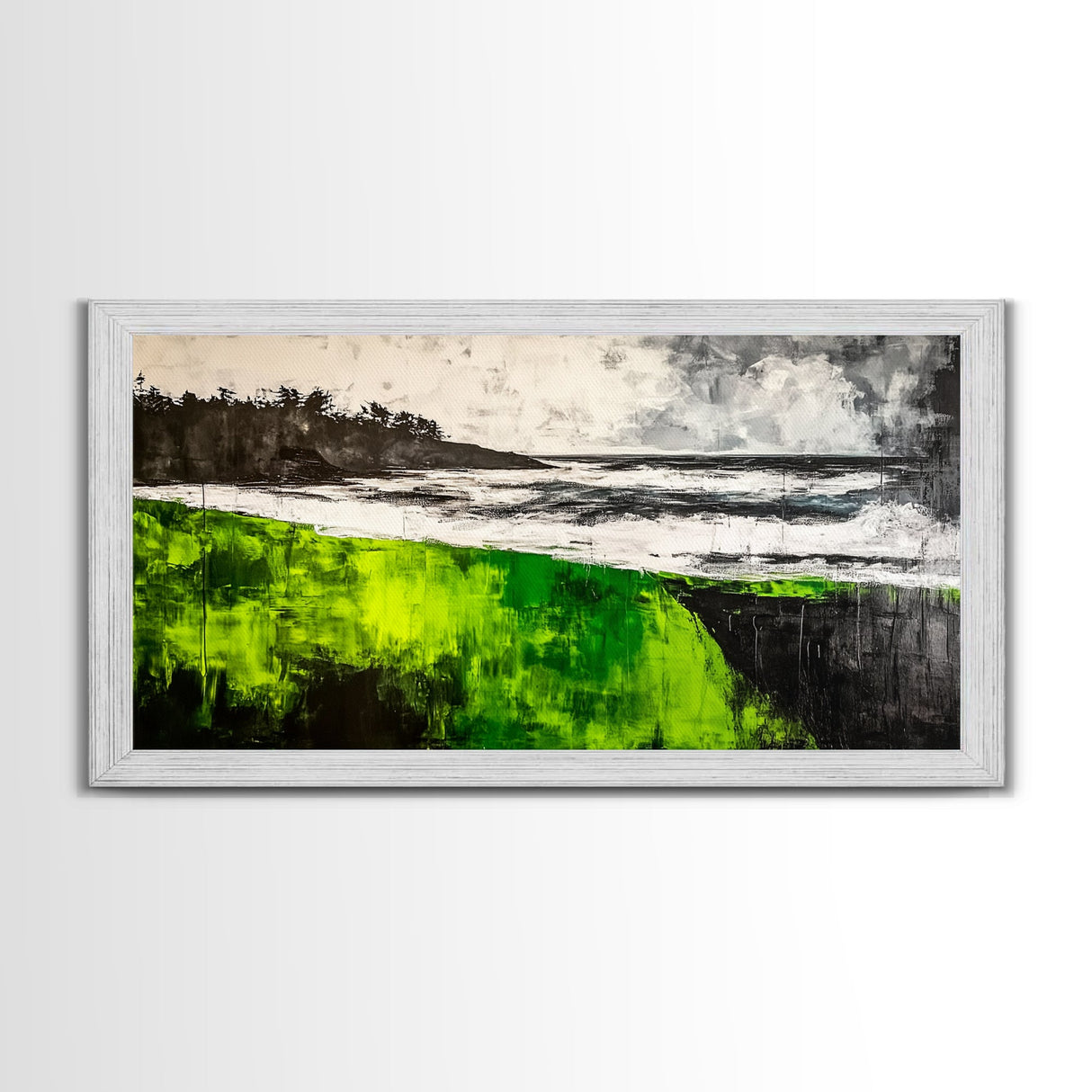 Green Cliffside, Coastal Landscape, Ocean Art, Black and White Seascape, Modern Home Decor, Nautical Theme Artwork, Framed Canvas Print