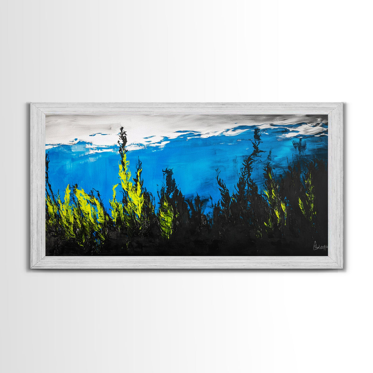 Underwater Seascape Painting, Blue and Yellow Canvas Print, Ocean Wall Art, Marine Decor, Vibrant Home Aesthetic, Framed Canvas Print