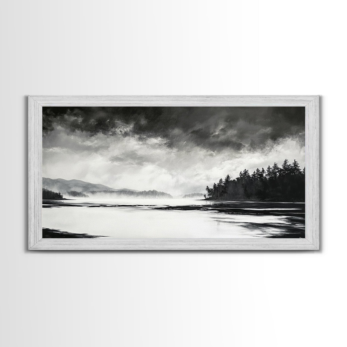 Monochrome Landscape Art, Misty Lake Canvas Print, Nature Wall Decor, Black and White Painting, Living Room Artwork, Framed Canvas Print
