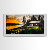Rustic Cabin Art, Golden Sunset Canvas Print, Autumn Landscape Painting, Nature Wall Decor, Cozy Home Aesthetic, Framed Canvas Print