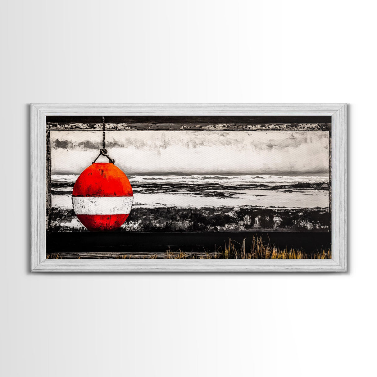 Red Buoy, Nautical, Coastal, Framed Canvas Print, Black and White Beach Scene, Ocean Wall Art, Maritime Decor, Fisherman’s House Artwork