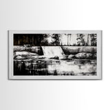 Waterfall Landscape, Black and White Nature Art, Forest Wall Decor, Rustic Art, Minimalist Landscape, Cabin Artwork, Framed Canvas Print