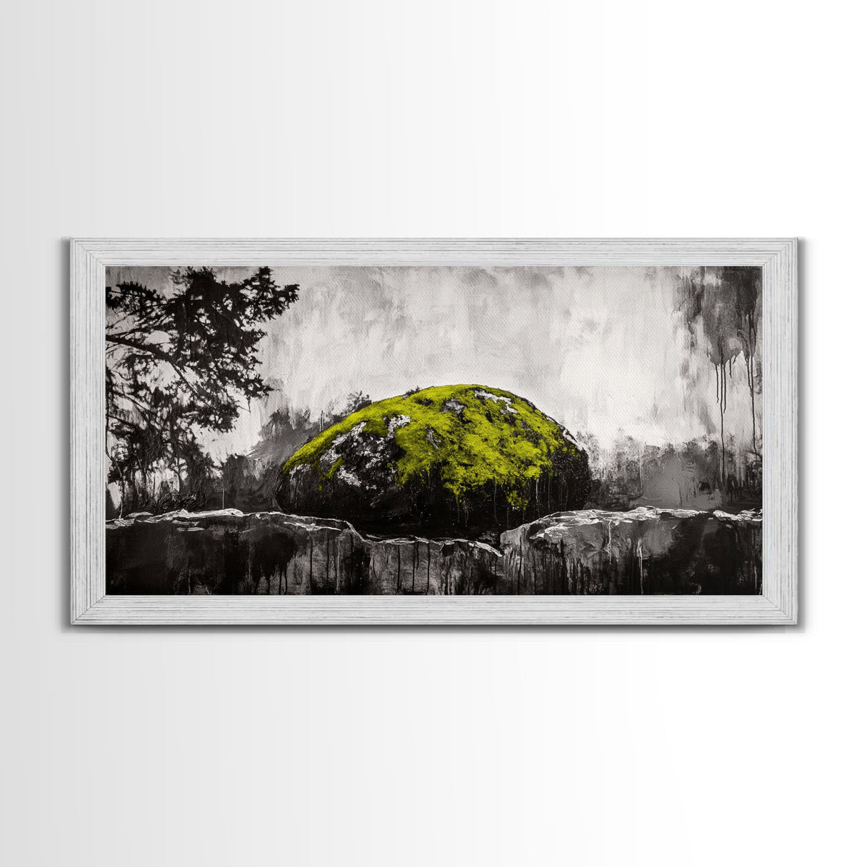 Mossy Rock, Abstract Nature, Green and Black Art, Canvas Print, Rustic Wall Decor, Boho Artwork, Modern Farmhouse Decor