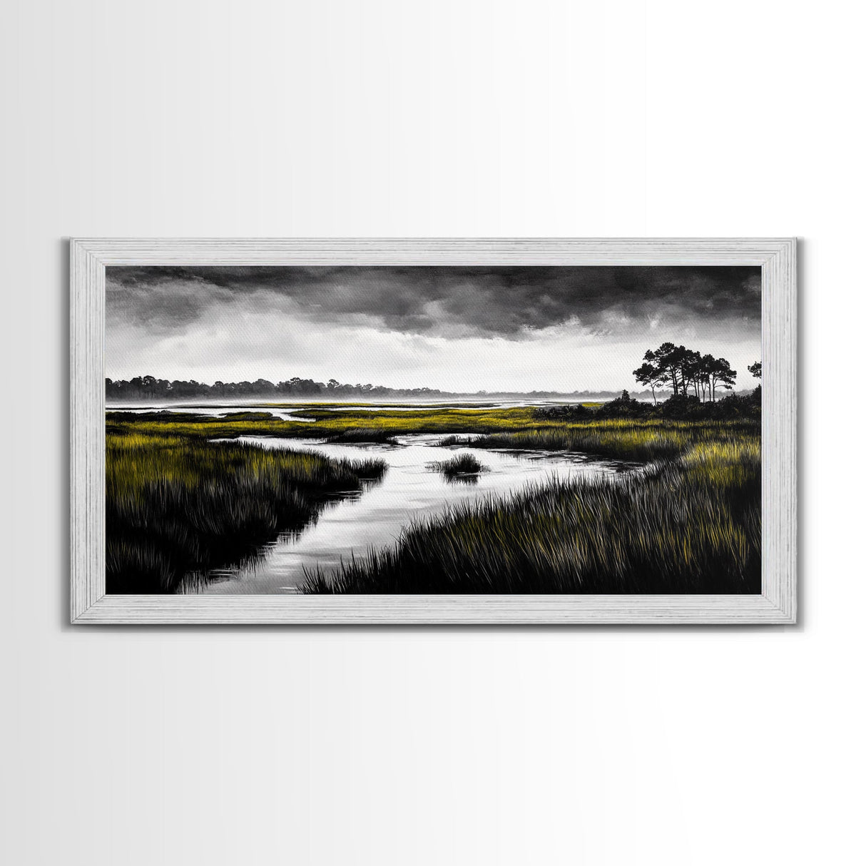 Marshland Scene, Serene Landscape, Black and White Nature Art, Modern Decor, Misty Grasslands, Living Room Artwork, Framed Canvas Print