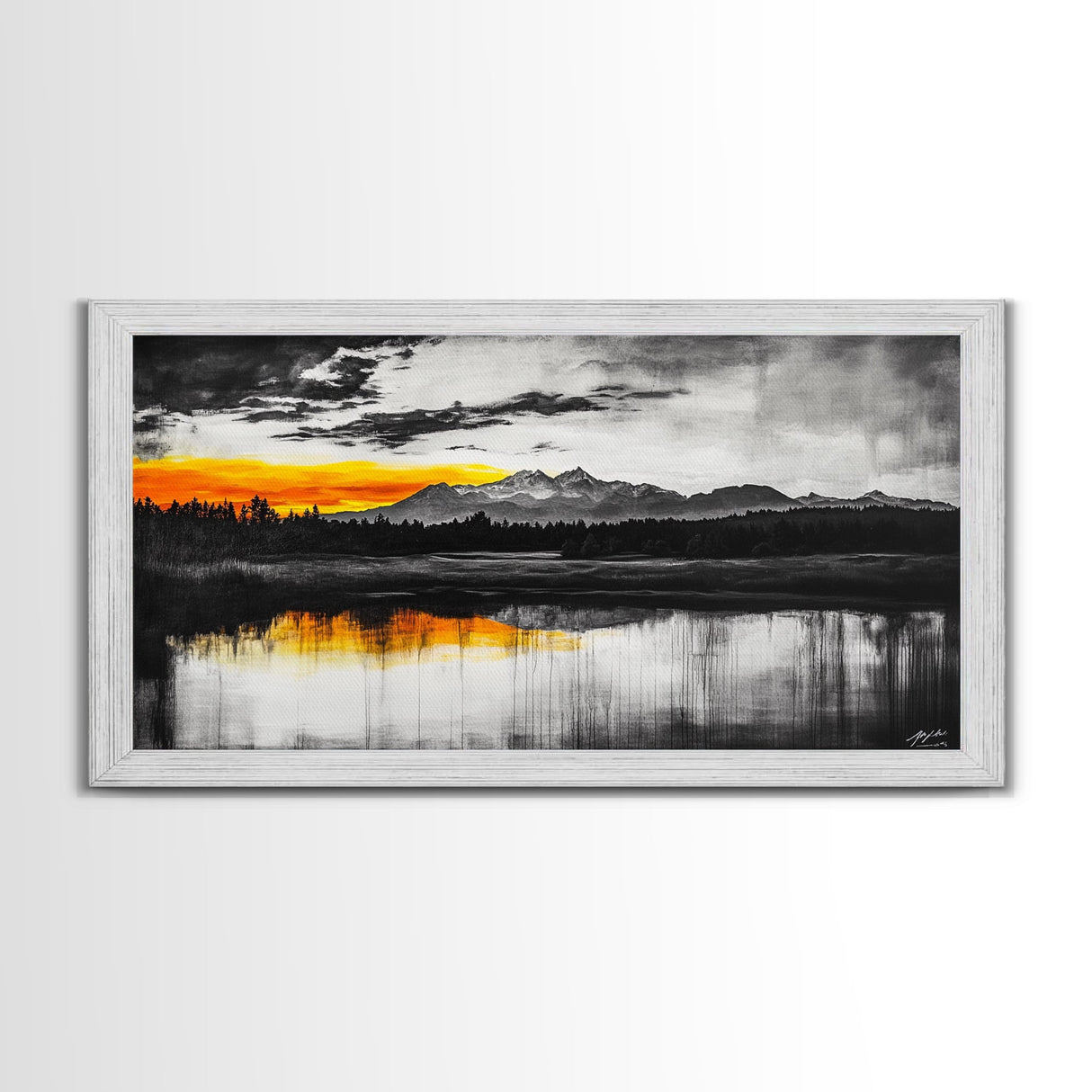 Sunset Reflection, Black and White, Framed Canvas Print, Nature Wall Art, Modern Landscape, Bold Decor, Living Room Art, Autumn Colors