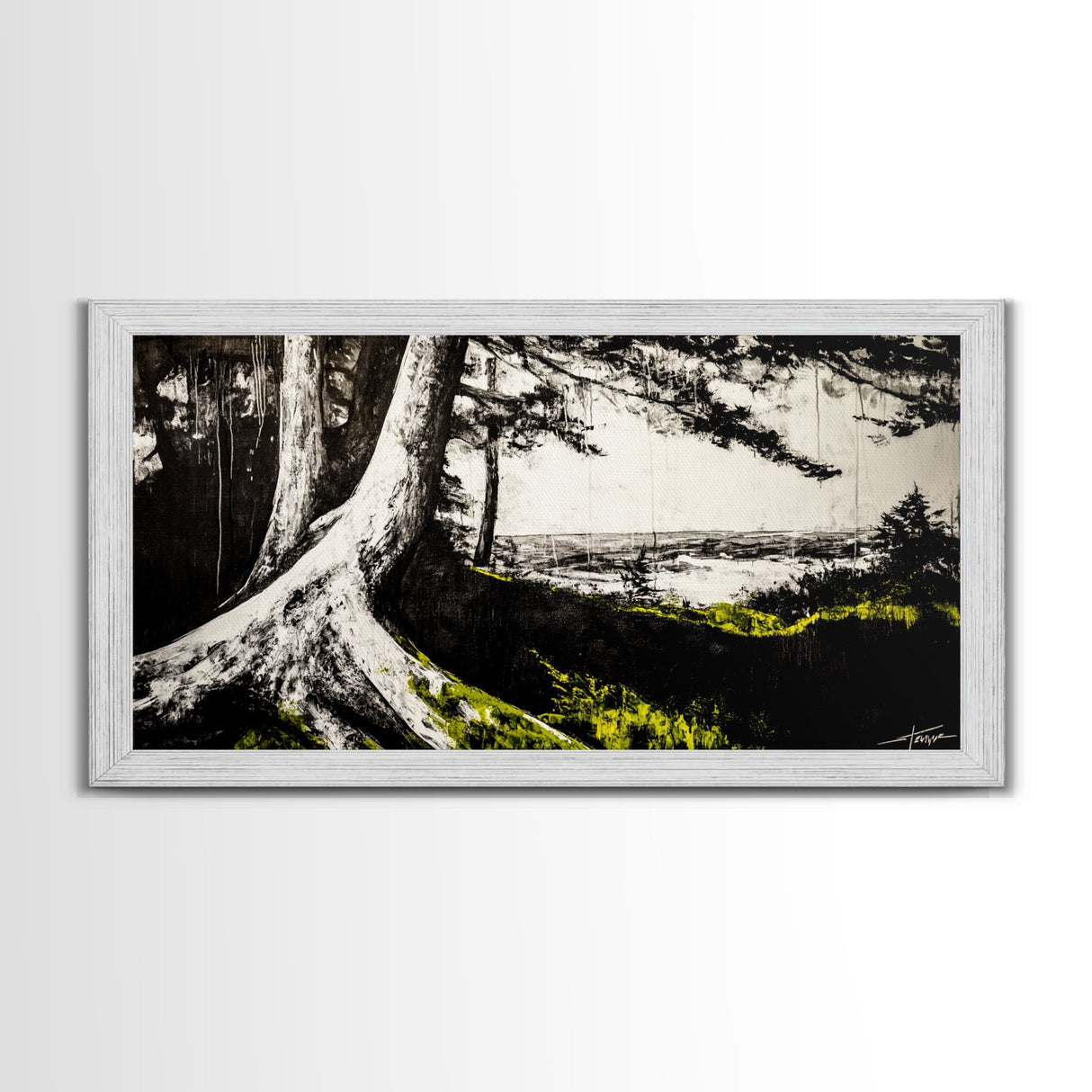 Forest Tree, Ocean View, Coastal Landscape, Canvas Print, Nature Wall Art, Black and White Art, Cabin Wall Decor, Rustic Wall Art