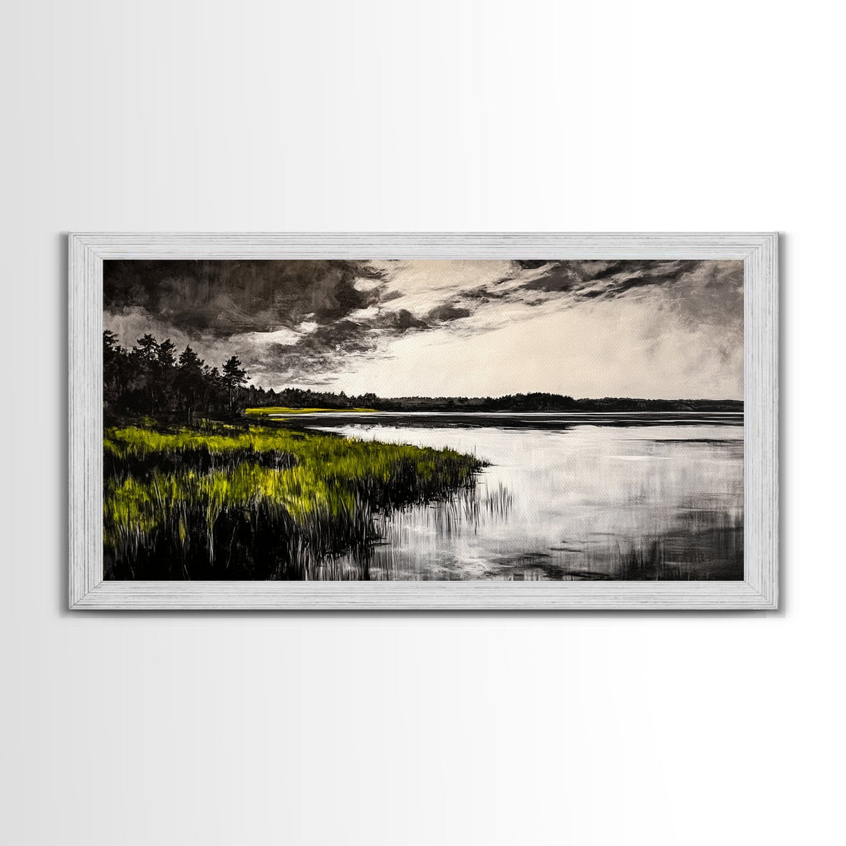 Marshland, Moody Sky, Lakeside View, Canvas Print, Nature Photography, Living Room Wall Art, Rustic Landscape, Neutral Tones Decor