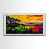 Sunset Pavilion, Coastal Art, Beach Painting, Framed Canvas Print, Vibrant Landscape, Ocean Sunset, Living Room Wall Art, Bold Colors